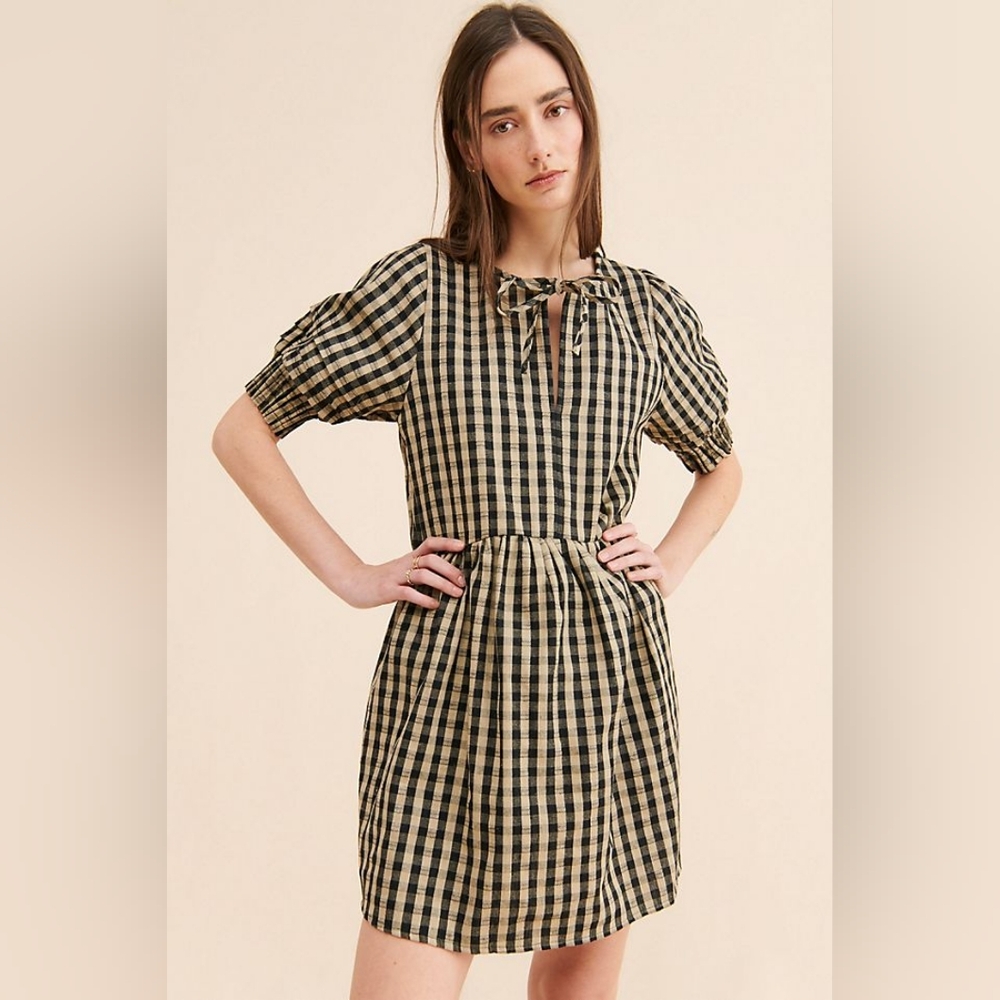 BN Free People Afternoon The Polly gingham plaid puff sleeve mini dress